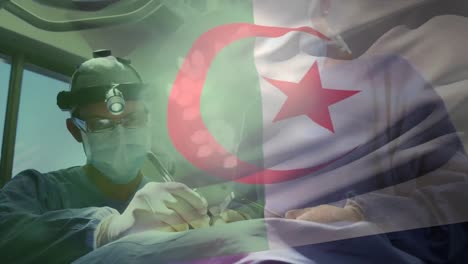 Animation of flag of algeria waving over surgeons in operating theatre