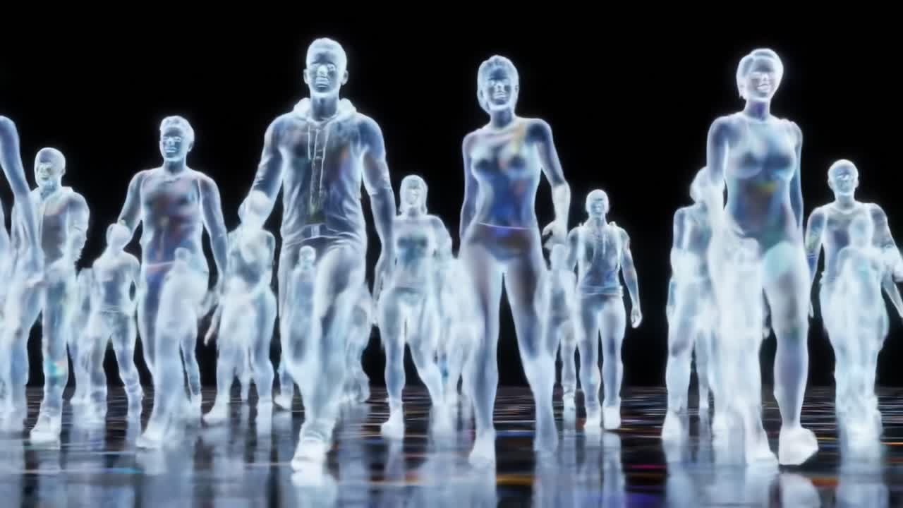 A digital transformation showcasing a diverse group of ethereal figures, walking together in unison, embodying the essence of connectivity and modernity in a futuristic realm.