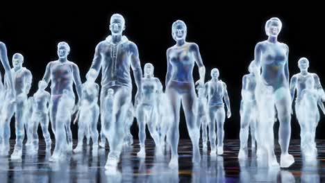a digital transformation showcasing a diverse group of ethereal figures, walking together in unison, embodying the essence of connectivity and modernity in a futuristic realm.
