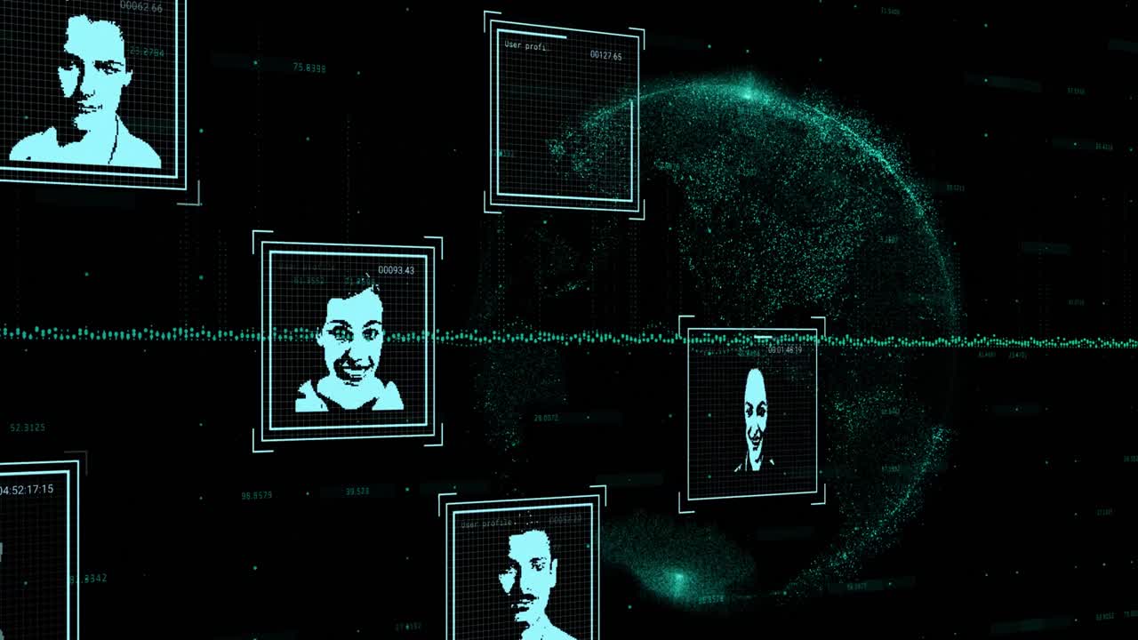 animación de fotos de usuario, globo y procesamiento de datos en espacio negro