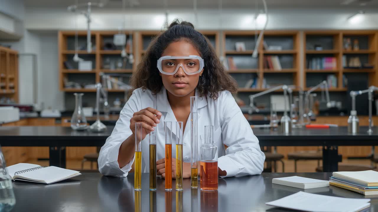 Reaching for one of four test tubes, student wearing lab coat, goggles, studying liquids in lab