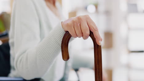 hand, walking stick and closeup for woman