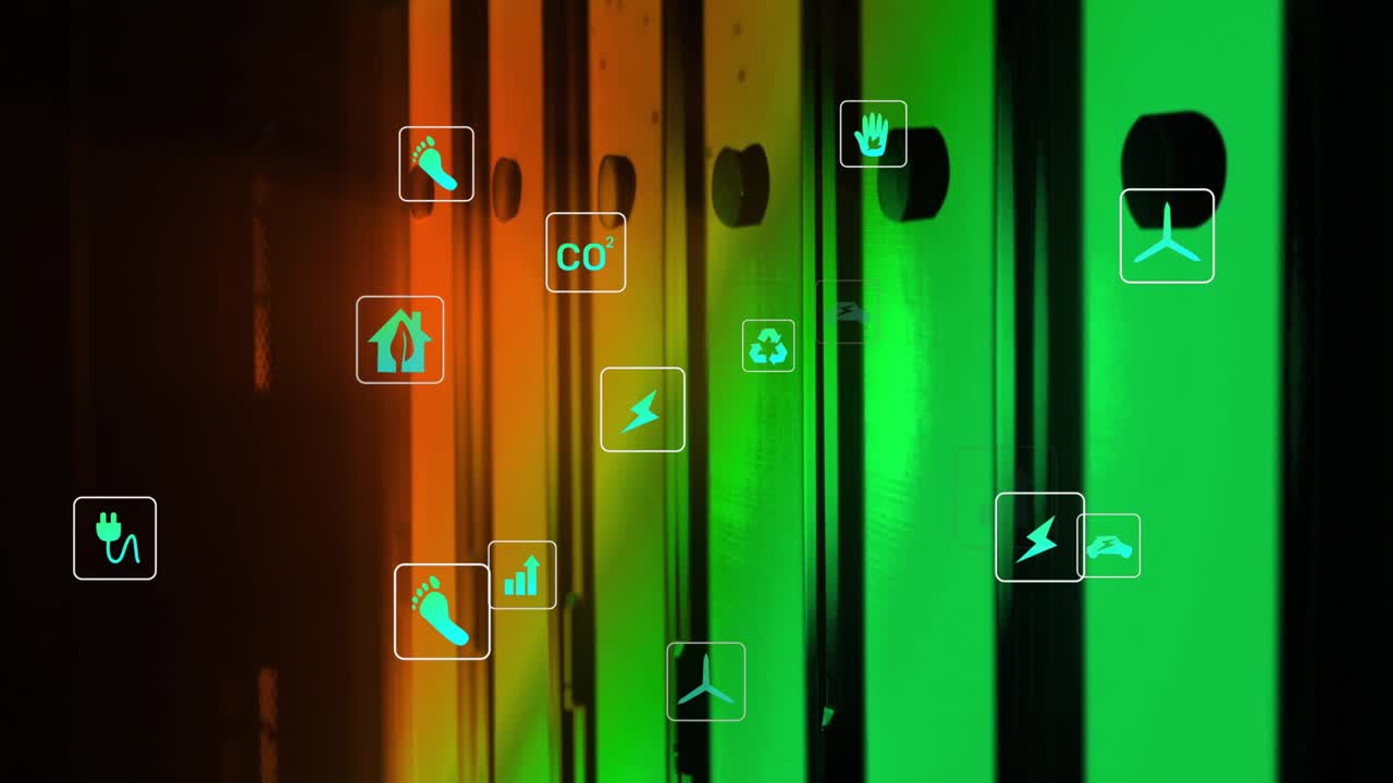 Gradient panels initiating energy icons fading, appearing and shifting showing sustainability data