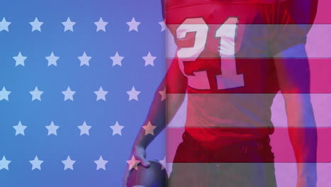 animation of african american american football player with ball and flag of usa