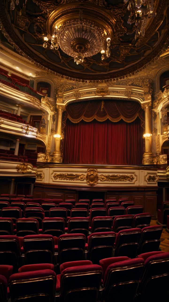 Elegante Theaterbühne mit prächtigem Kronleuchter, aus der Froschperspektive aufgenommen