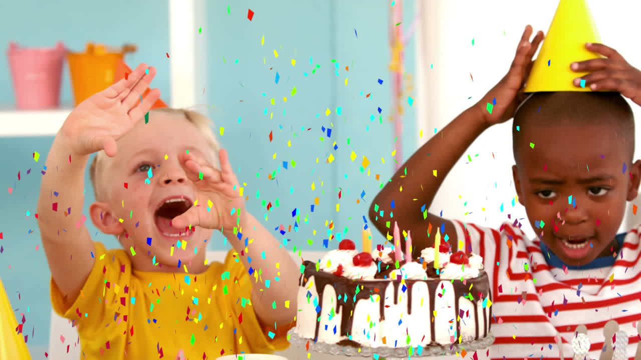 Animazione di coriandoli multicolore che cadono su bambini a una festa
