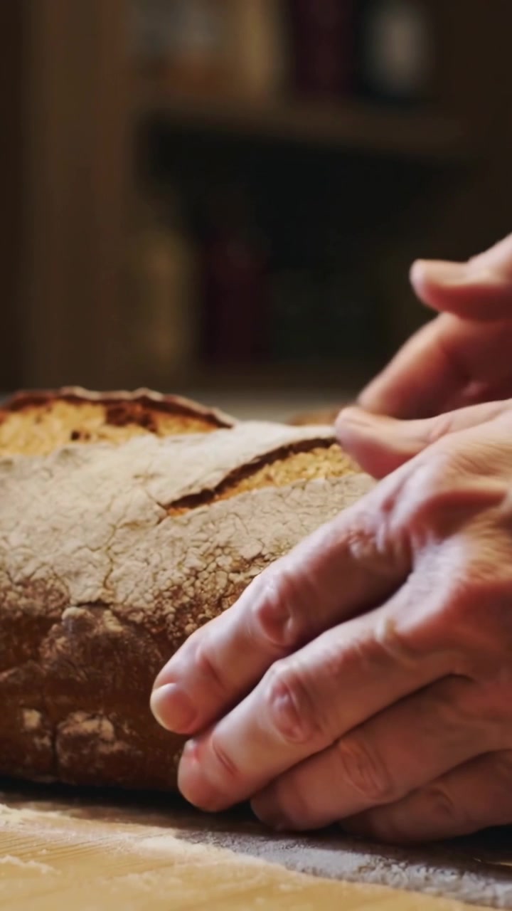 Vertical video: Knit-sleeved hands pressing, lifting loaf cooling on flour counter to cut on board