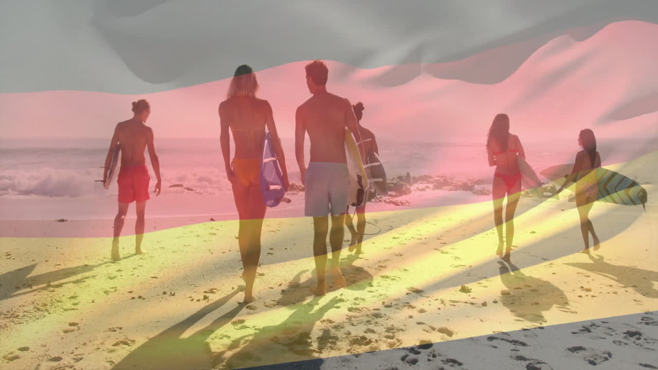 Walking on beach, surfers carrying boards with German flag animation overlay