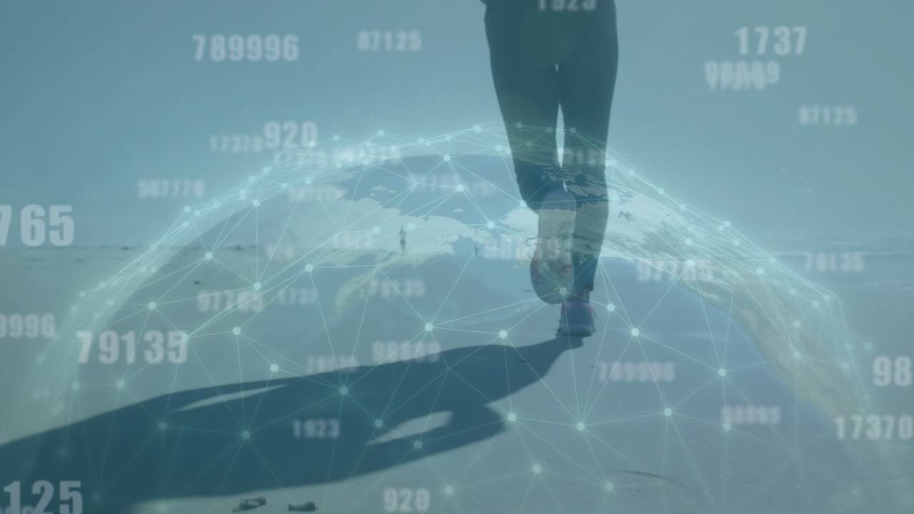 Female runner jogging sand, foot contact starting camera pullback, globe showing data for fitness