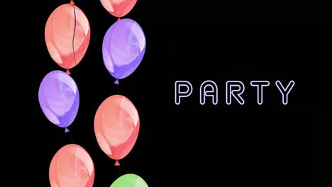 animation of party text over colorful balloons on black background