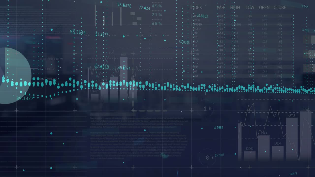 Digital animation depicts global economy trends with rising blue dot graphs