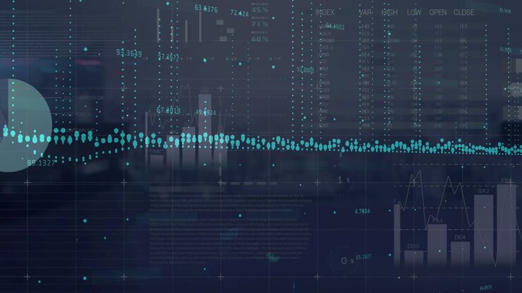 Digital animation depicts global economy trends with rising blue dot graphs