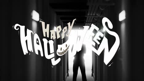 feliz animación de texto de halloween sobre la silueta de una persona de pie en el pasillo oscuro