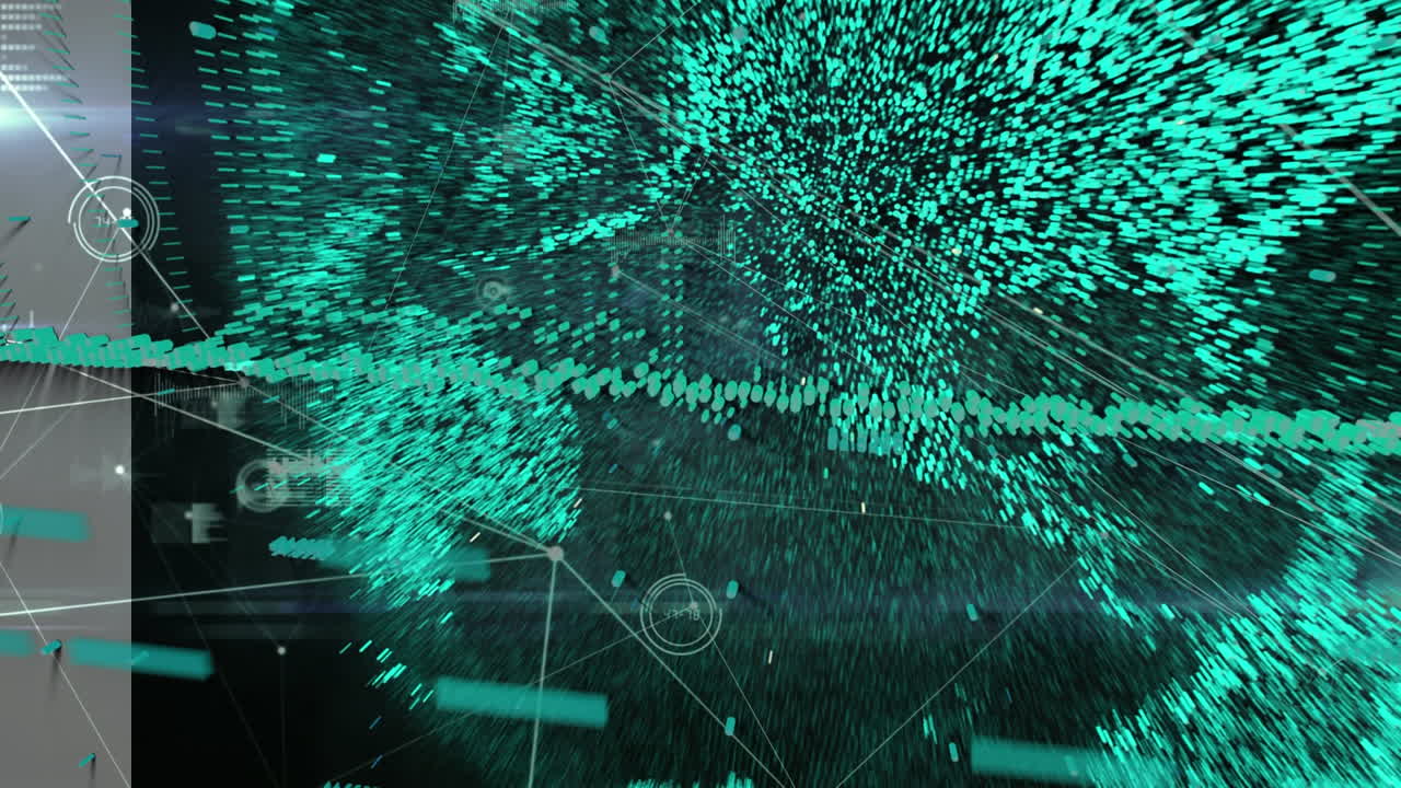 Animation of network of connections with data processing over globe on black background