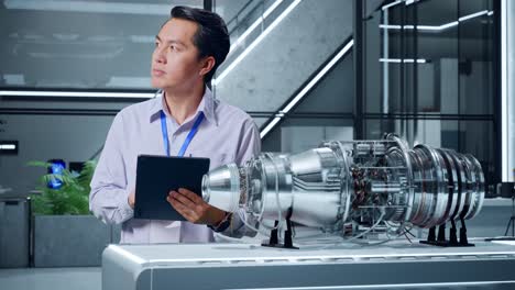 engineer studying jet engine model in modern lab