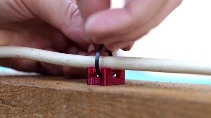 Close-up of male hands mounting a white electrical cable onto a wooden board using a red 3D printed clip