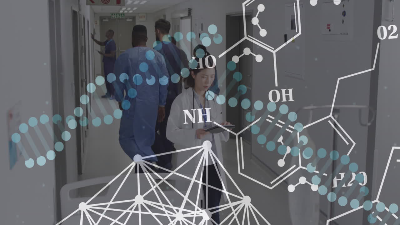 dna 가닥의 애니메이션과 병원의 의사들에 대한 데이터 처리