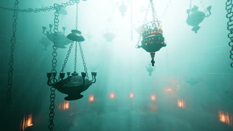mysterious ancient temple interior with hanging lanterns