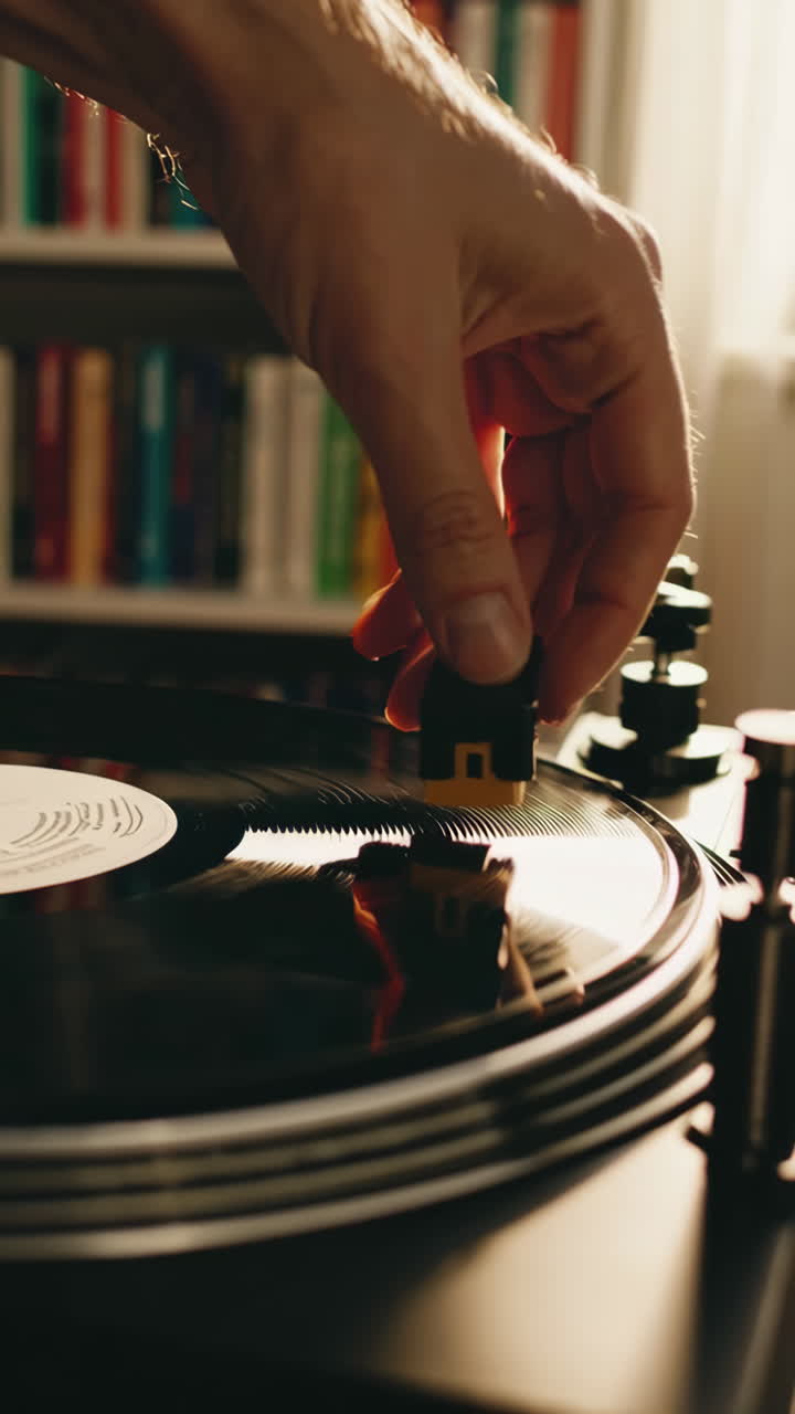A person's hand placing a needle on a spinning vinyl record