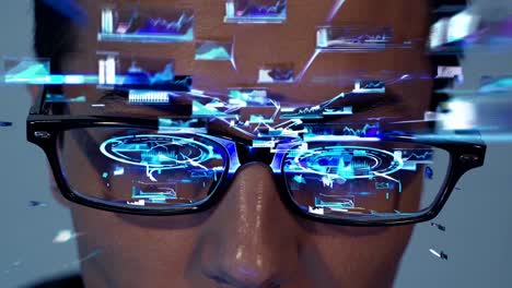 Close-up video of a person wearing glasses reflecting digital holograms, showcasing a futuristic