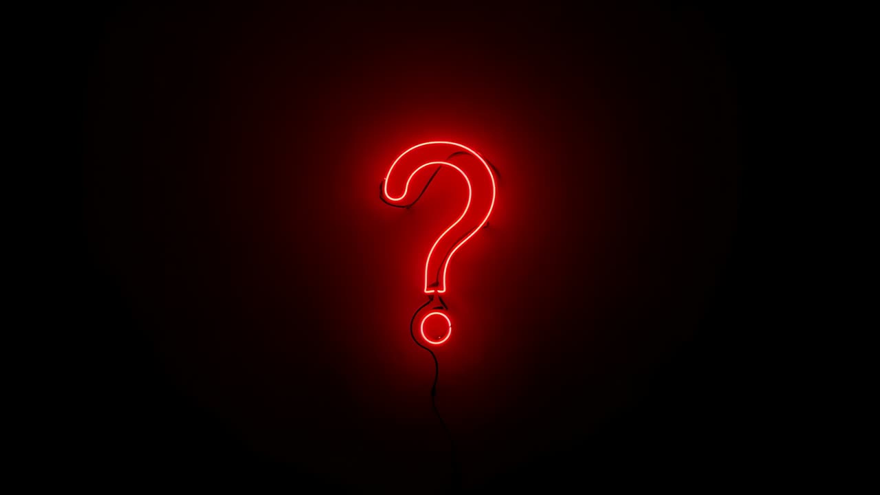 Shifting neon question-mark changing color after frame change in gallery, with power cord, mounts