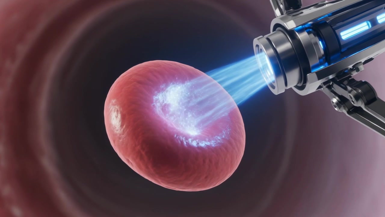 Emissione di un fascio blu da una sonda che colpisce un eritrocita all'interno del lume del vaso, visualizzando l'oscuramento della cellula.