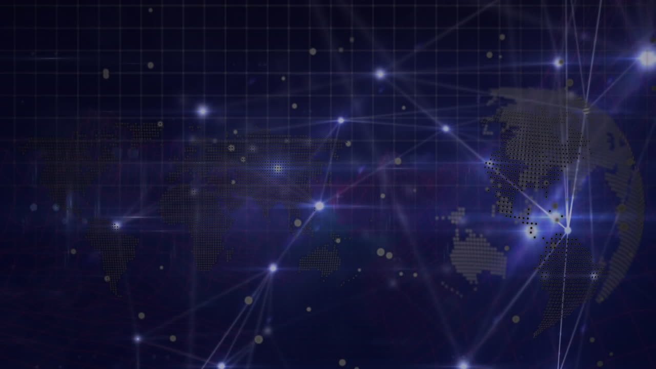 Animation of glowing network of connections and white spots over spinning globe and world map