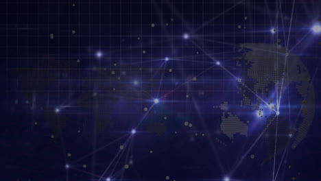 animation of glowing network of connections and white spots over spinning globe and world map
