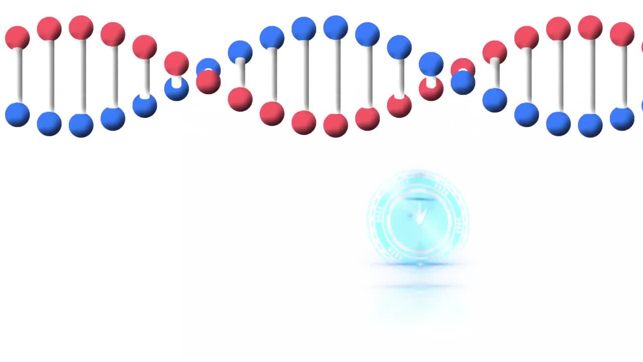 하 ⁇  배경에 빠르게 움직이는 시계와 dna 가닥이 회전하는 애니메이션