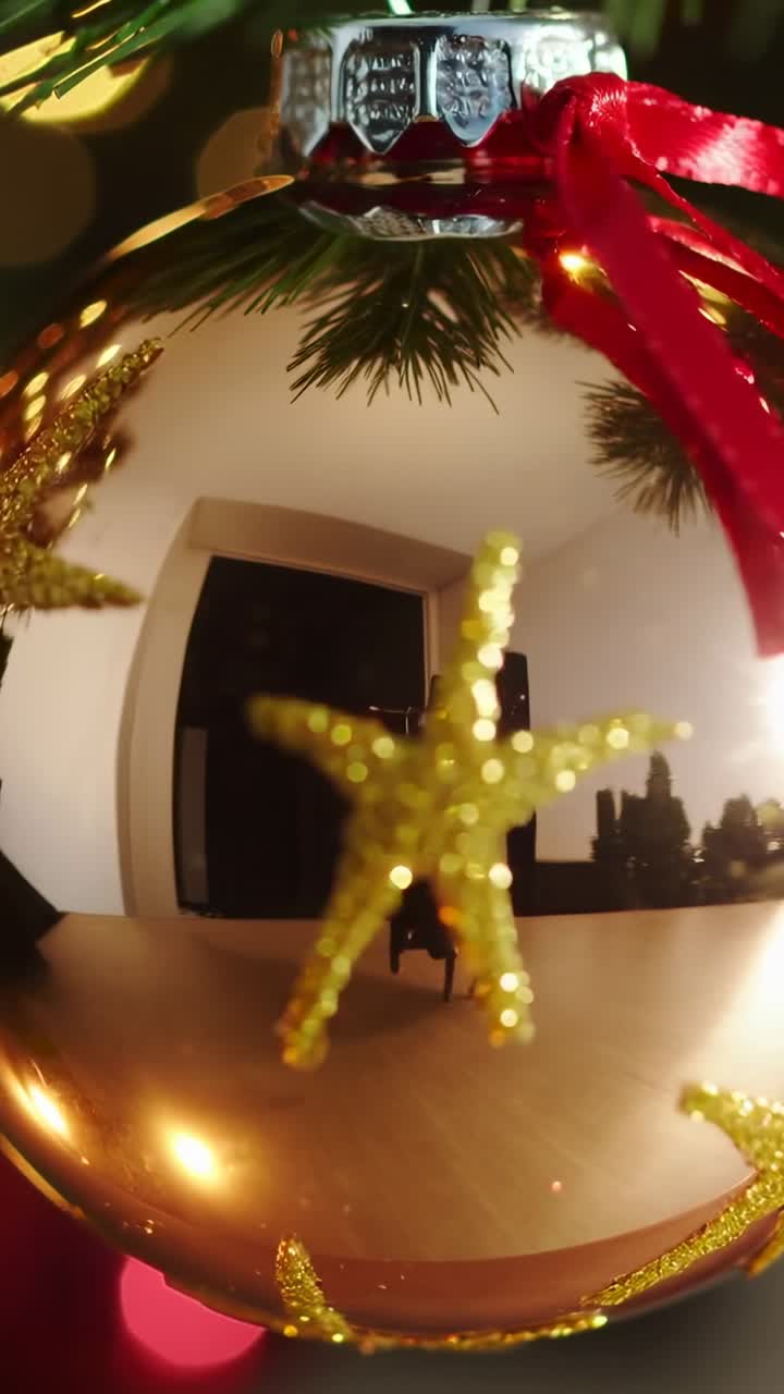 Vertical video: Panning tripod camera scanning copper bauble at home, revealing star decorations