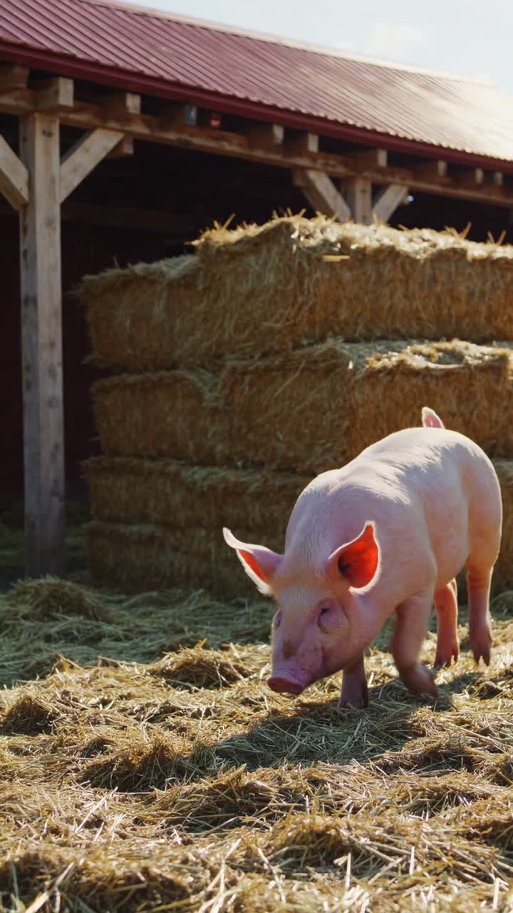 Maiale rosa che annusa e cerca cibo nel fieno in una fattoria.