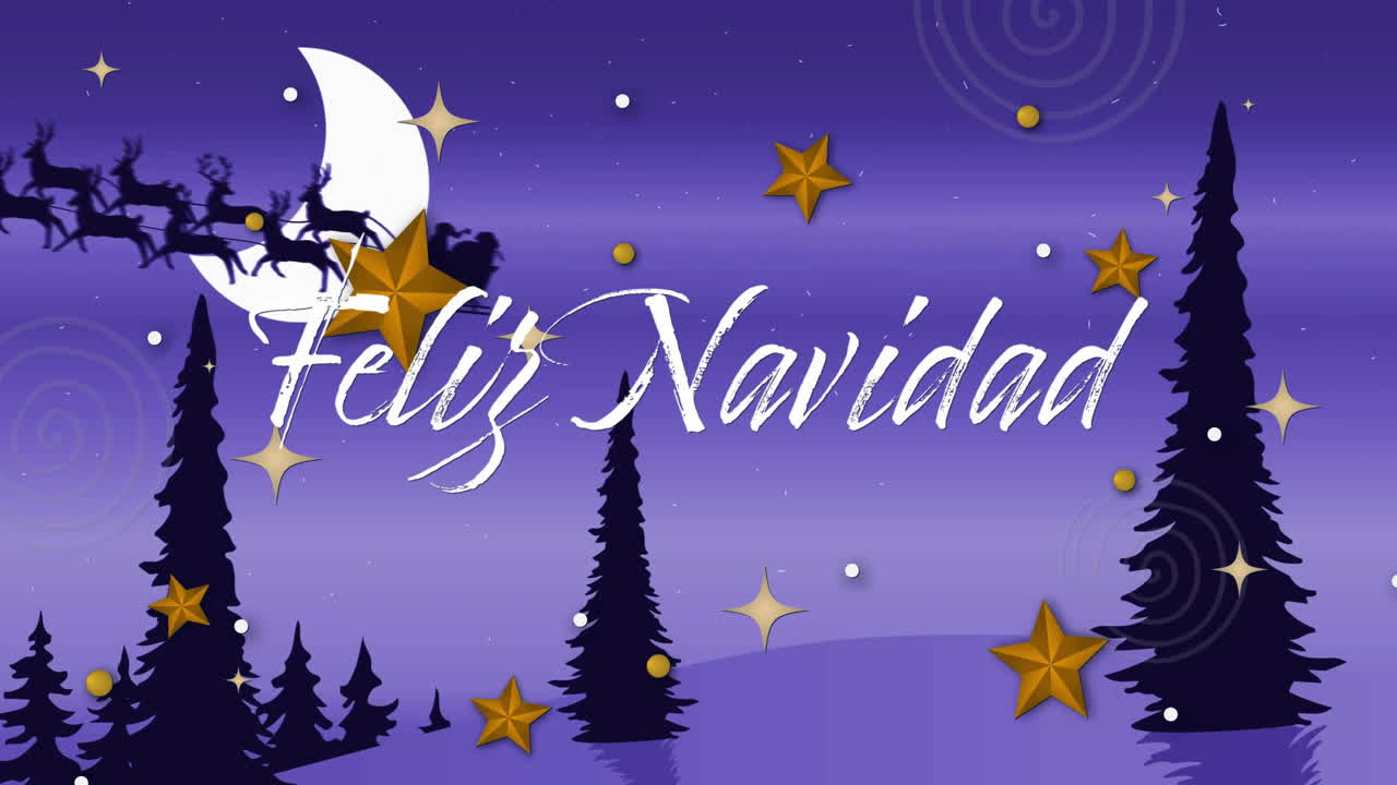 Animation of feliz navidad text over winter scenery and santa in sleigh