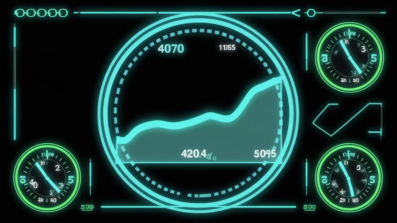 Futuristic Digital HUD Display with Data Visualization and Gauges