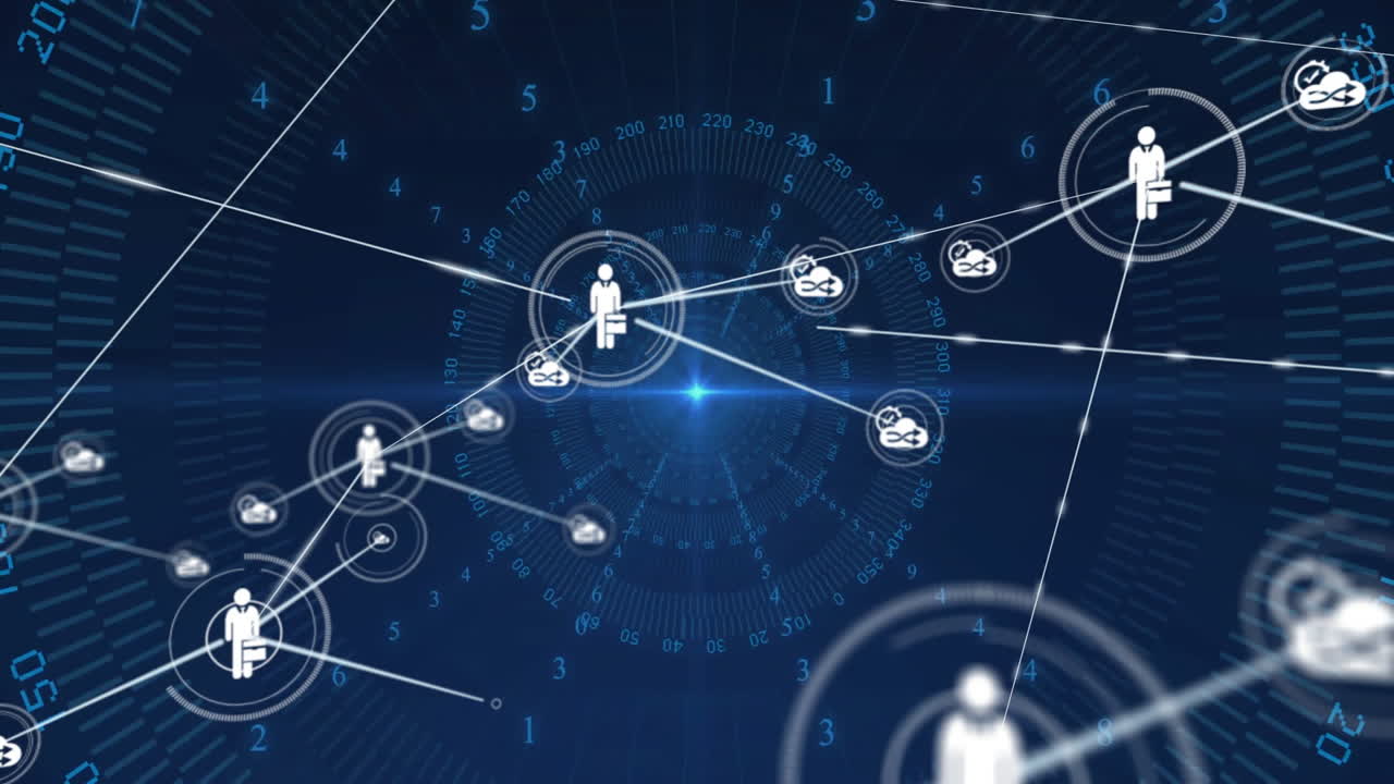 Network connections and data exchange animation over digital human icons and numbers