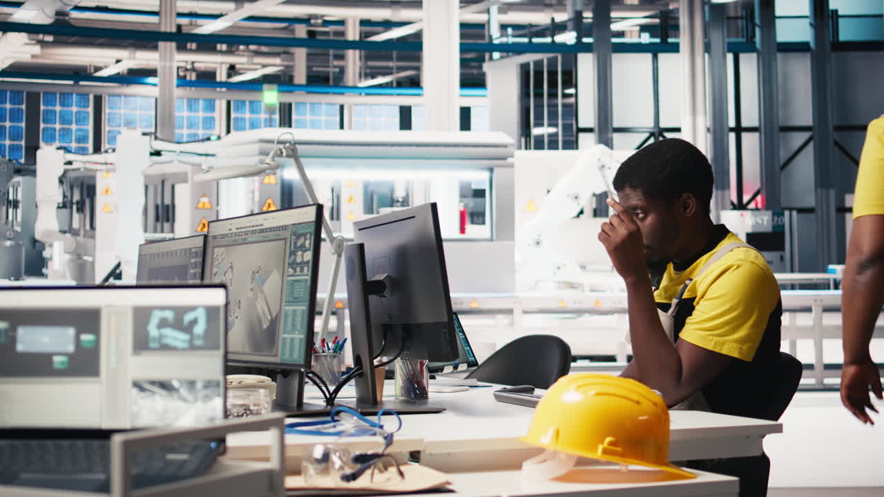 Vertical Video African american technician evaluates renewable energy metrics at pc station