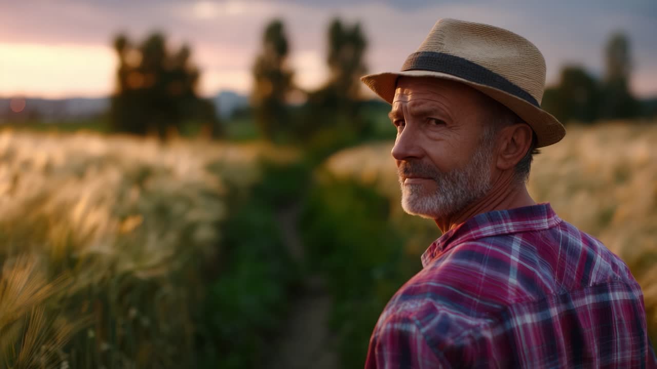 En eftertænksom ældre mand med stråhat skuer ud i det fjerne i en gylden mark, hvilket indfanger essensen af landliv og ro ved solnedgang.