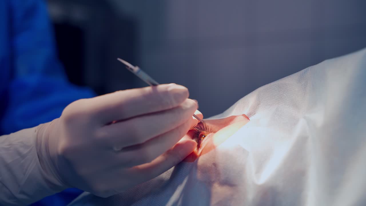 Specialist performs an operation on an open eye. Hands in gloves use medical instrument to treat ill eye. Close-up.