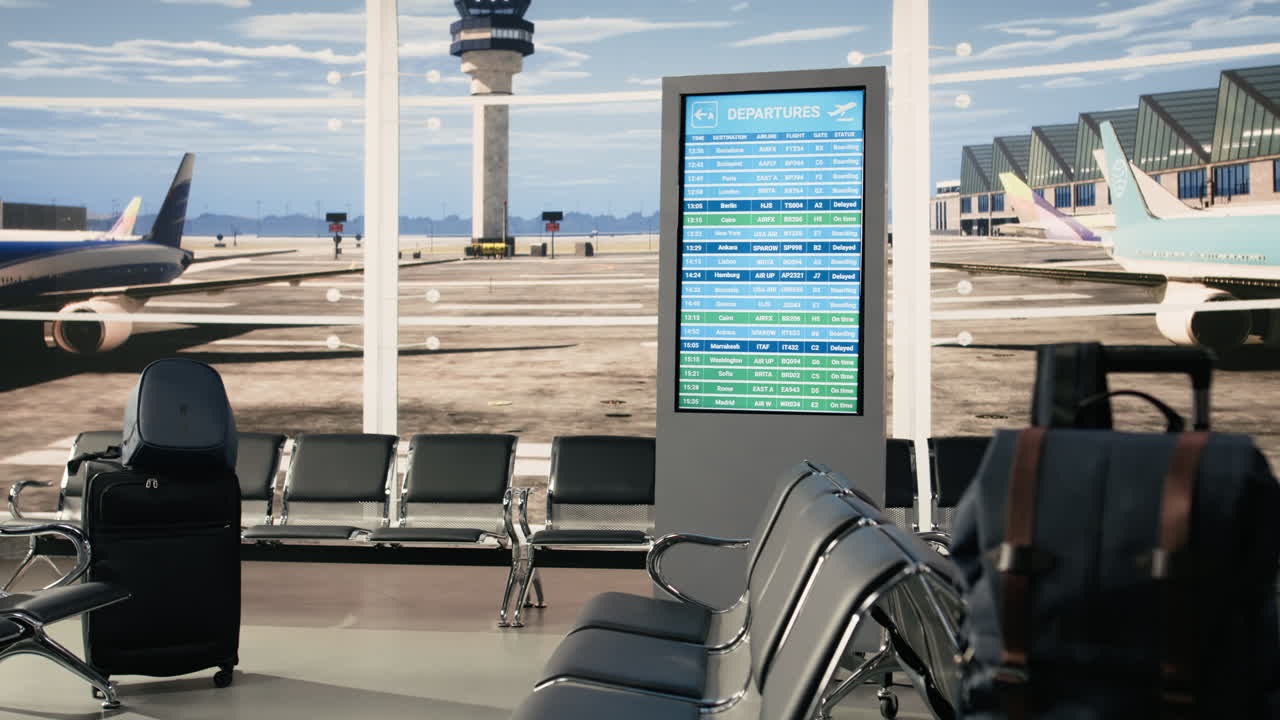 Sala partenze aeroportuale senza persone che mostra uno schermo informativo