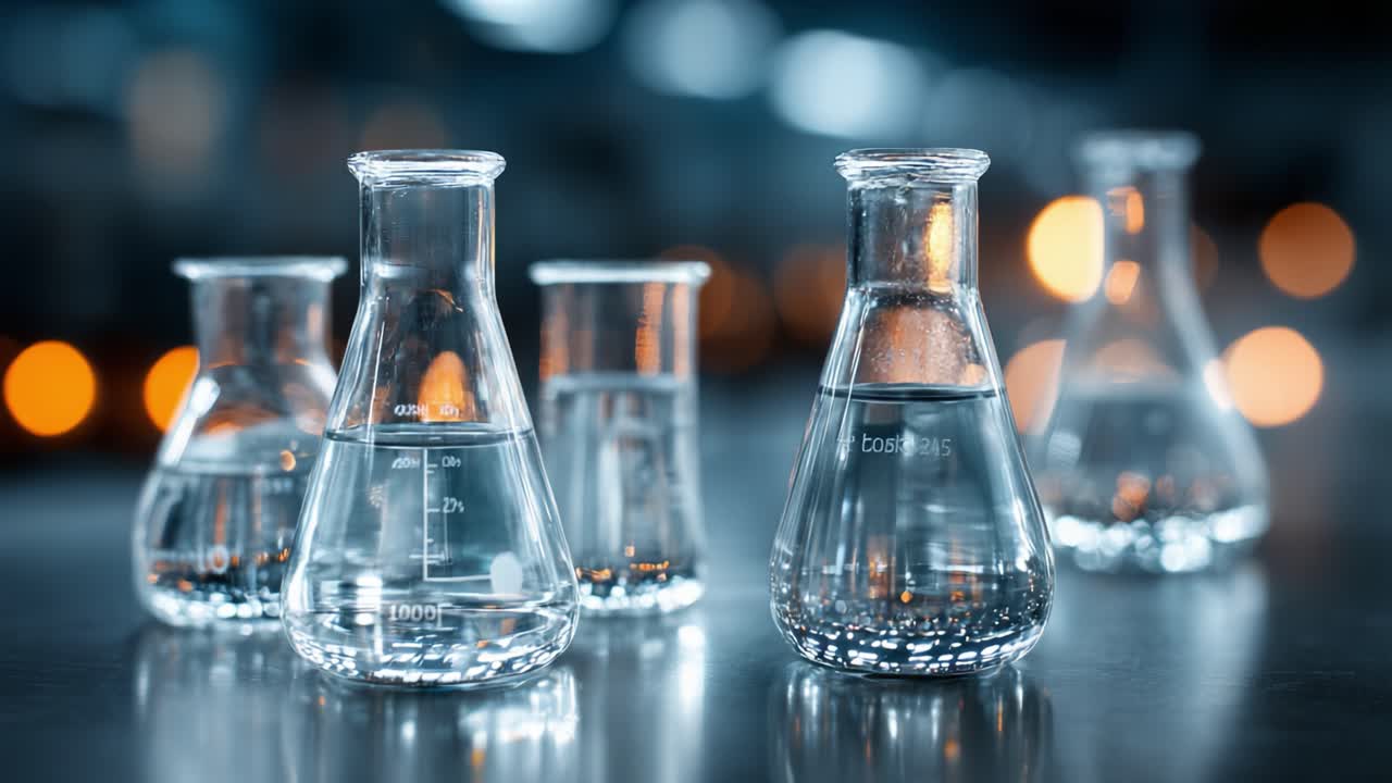 An Array of Laboratory Glassware Featuring Beakers and Flasks Filled with Clear Liquid Under Soft Ambient Lighting, Creating a Scientific Atmosphere of Experimentation and Discovery