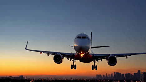 airplane landing at sunrise/sunset over city