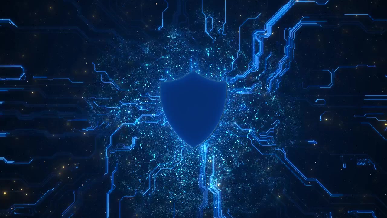Blue shield appears amid circuits digital particles protection connected world cybersecurity data