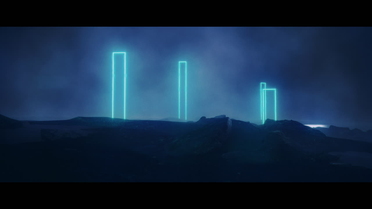 Rocky landscape with huge blue light portal structures