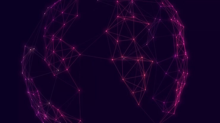 Luminous purple and amber digital plexus network rotating smoothly against dark background.