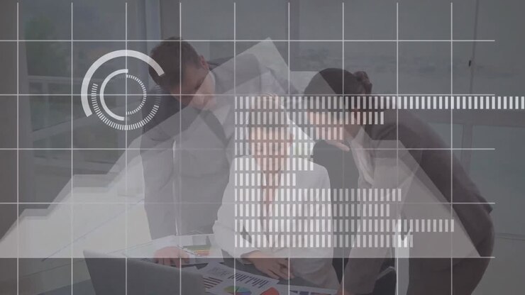 Animation of statistics and financial data processing over business meeting
