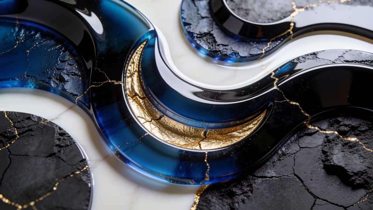Panning camera showing blue resin crescent on set, revealing gold veins, black discs for detail
