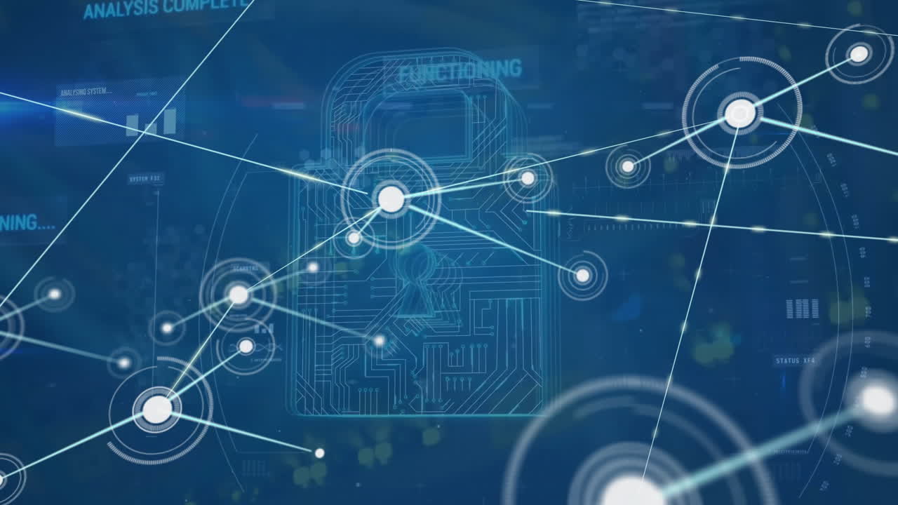 Animation of network of connections and padlock on blue background