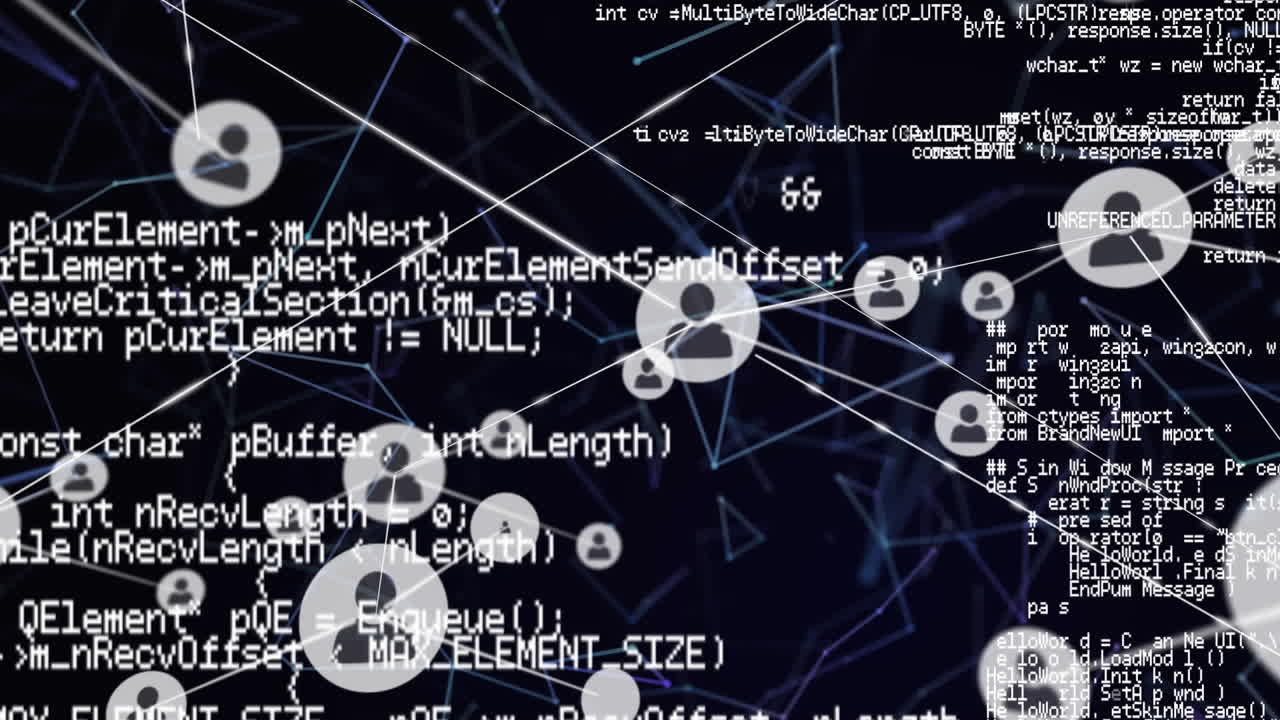 Animation of interface showing information and connected people icons in white on black background