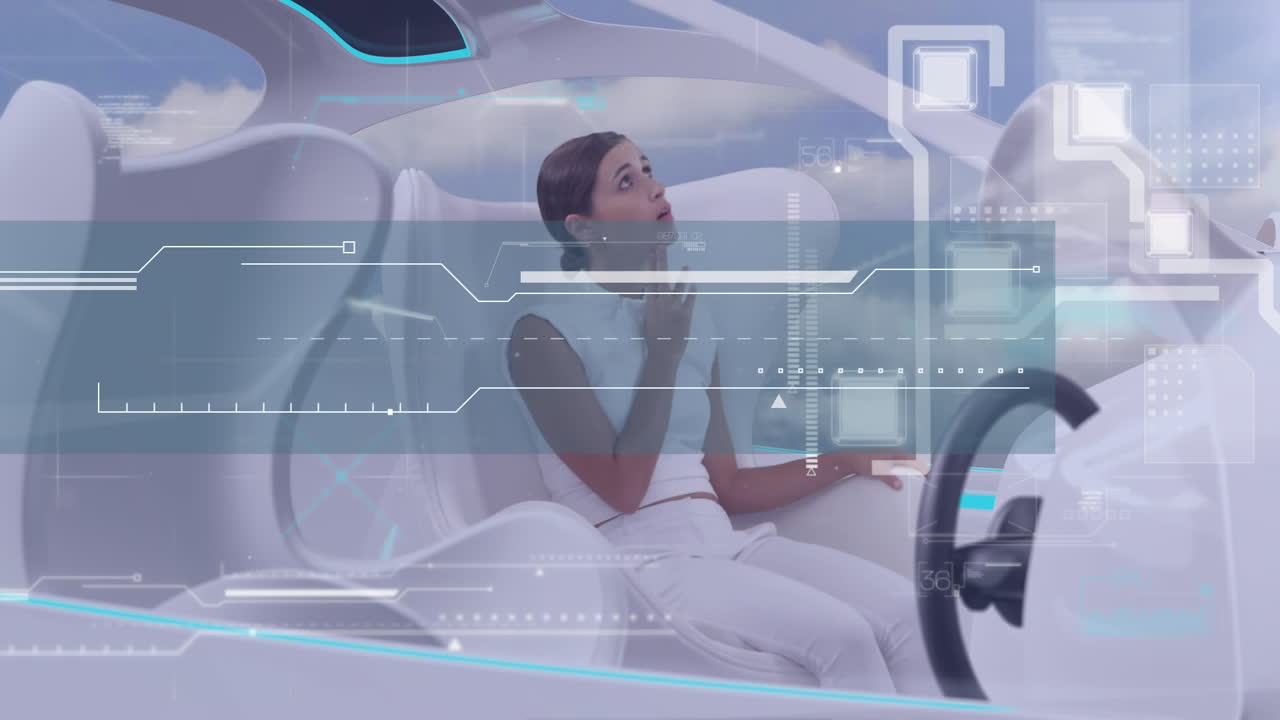 composición digital de la interfaz digital de procesamiento de datos contra la mujer sentada en el coche futurista sel