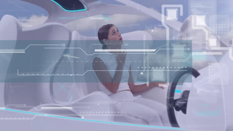 Digitale-Komposition-Der-Datenverarbeitung-über-Digitale-Schnittstellen-Gegen-Eine-Frau,-Die-In-Einem-Futuristischen-Auto-Sitzt