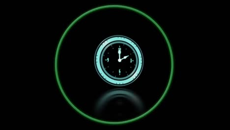 Animation-of-clock-moving-fast-and-green-neon-circle-on-black-background